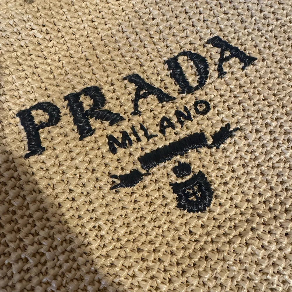 PRADA NWT Crochet Raffia Tote Bag Straw Logo Purse Natural - Picture 5 of 12